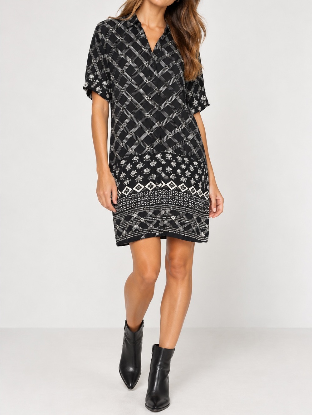 Whistles Shirtdress Black and White Geometric Print Short Sleeve Dress Size XS